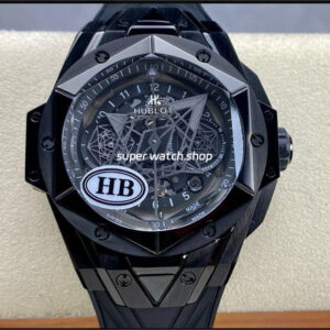 HB Factory Hublot Big Bang Sang Bleu 418.CX.1114.RX.MXM20 45mm Ceramic Black Rubber Strap Grey Needle Skeletonized Black Dial