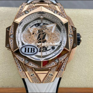HB Factory Hublot Big Bang Sang Bleu 418.OX.2001.RX.1604.MXM20 45mm Rose Gold Diamond White Rubber Strap Skeletonized White Dial