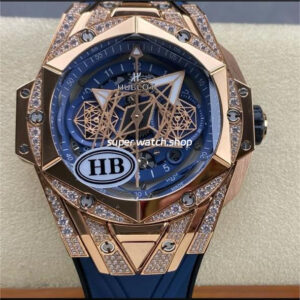 HB Factory Hublot Big Bang Sang Bleu 418.OX.5108.RX.1604.MXM20 45mm Rose Gold Diamond Blue Rubber Strap Skeletonized Blue Dial