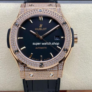 HB Factory Hublot Classic Fusion 542.OX.1181.LR.1704 42mm Rose Gold Diamond Leather Strap Black Dial
