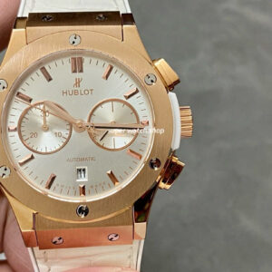 HB Factory Hublot Classic Fusion Chronograph 45mm Rose Gold Leather Strap White Dial