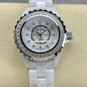 TW Factory Chanel Quartz J12 H3110 33mm Diamond Bezel Full White Ceramic Diamond Arabic Numerals White Dial