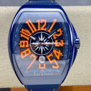 T+plus Factory Franck Muller V45 Yacht Limited Edition 45mm Blue Ceramic Rubber Strap Orange Arabic Numerals Blue Dial