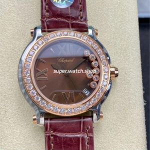 YF Factory Chopard Happy Sport 277473-5008 36mm Diamond Rose Gold Bezel Steel Leather Strap Roman Numerals Brown Dial