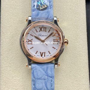 YF Factory Chopard Happy Sport 278590-6001 30mm Rose Gold Bezel Steel Sky Blue Leather Strap Roman Numerals White Dial
