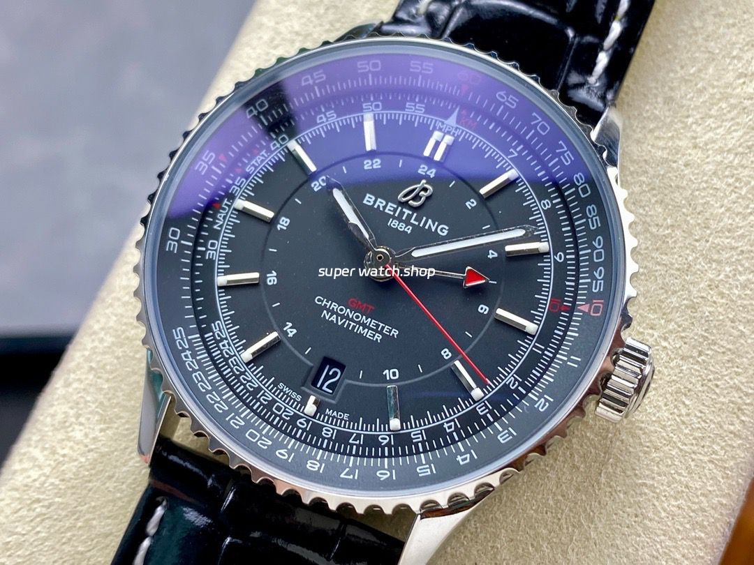 BLS Factory Breitling Navitimer GMT A32310251B1P1 41mm Steel Leather Strap Black Dial - Image 3