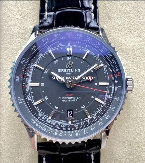 BLS Factory Breitling Navitimer GMT A32310251B1P1 41mm Steel Leather Strap Black Dial