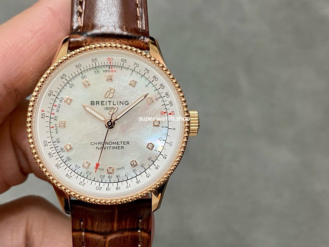 BLS Factory Breitling Navitimer R17395211A1P1 35mm Rose Gold Leather Strap Mother of pearl Dial