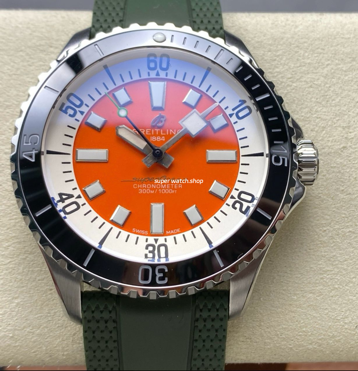 TF Factory Breitling Superocean A173751A1O1S1 44mm Black Bezel Steel Green Rubber Strap Orange Dial