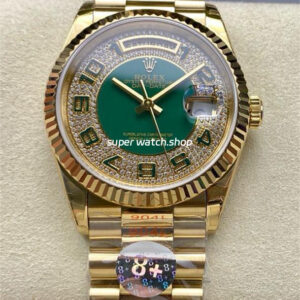 8+ Factory Counterweight Rolex Day-Date 118238 36mm Full Yellow Gold Arabic Numerals Diamond&Green Dial