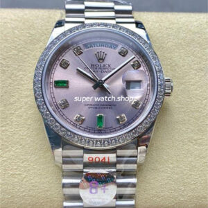 8+ Factory Counterweight Rolex Day-Date 118346-0084 36mm Diamond White Gold Bezel Full White Gold Diamond Mope&Baguette Diamond Pink Dial