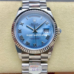 8+ Factory Counterweight Rolex Day-Date 128236-0008 36mm Full Platinum Roman Numerals Ice Blue Dial
