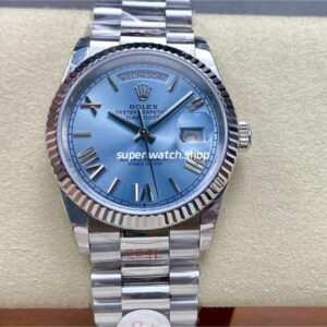 8+ Factory Counterweight Rolex Day-Date 128236-0018 36mm Full Platinum Roman Numerals Ice Blue Dial
