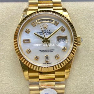 8+ Factory Counterweight Rolex Day-Date 128238-0011 36mm Full Yellow Gold Diamond Mope&Baguette Diamond Mother Of Pearl Dial