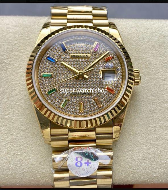 8+ Factory Counterweight Rolex Day-Date 128238-0051 36mm Full Yellow Gold Baguette Diamond Yellow Gold Dial
