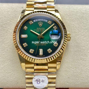 8+ Factory Counterweight Rolex Day-Date 128238-0069 36mm Full Yellow Gold Diamond Mope&Baguette Diamond Green Dial