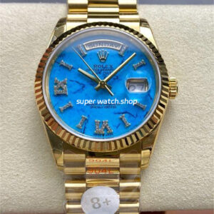 8+ Factory Counterweight Rolex Day-Date 128238-0071 36mm Full Yellow Gold Roman Numerals&Diamond Blue Dial