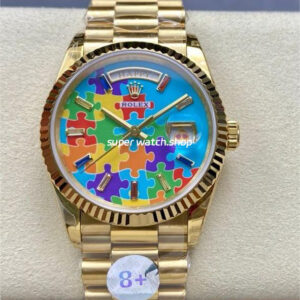 8+ Factory Counterweight Rolex Day-Date 128238-0106 36mm Full Yellow Gold Color Baguette&Puzzle Blue Dial