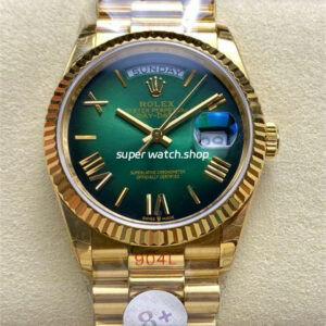 8+ Factory Counterweight Rolex Day-Date 128238-0118 36mm Full Yellow Gold Roman Numerals Green Ombré Dial
