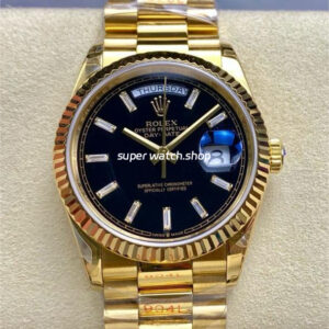 8+ Factory Counterweight Rolex Day-Date 128238 36mm Full Yellow Gold Baguette Diamond Black Dial