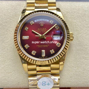 8+ Factory Counterweight Rolex Day-Date 128238 36mm Full Yellow Gold Diamond Mope&Baguette Diamond Red Ombré Dial