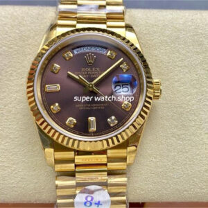 8+ Factory Counterweight Rolex Day-Date 128238 36mm Full Yellow Gold Diamond Mope&Baguette Diamond Brown Dial