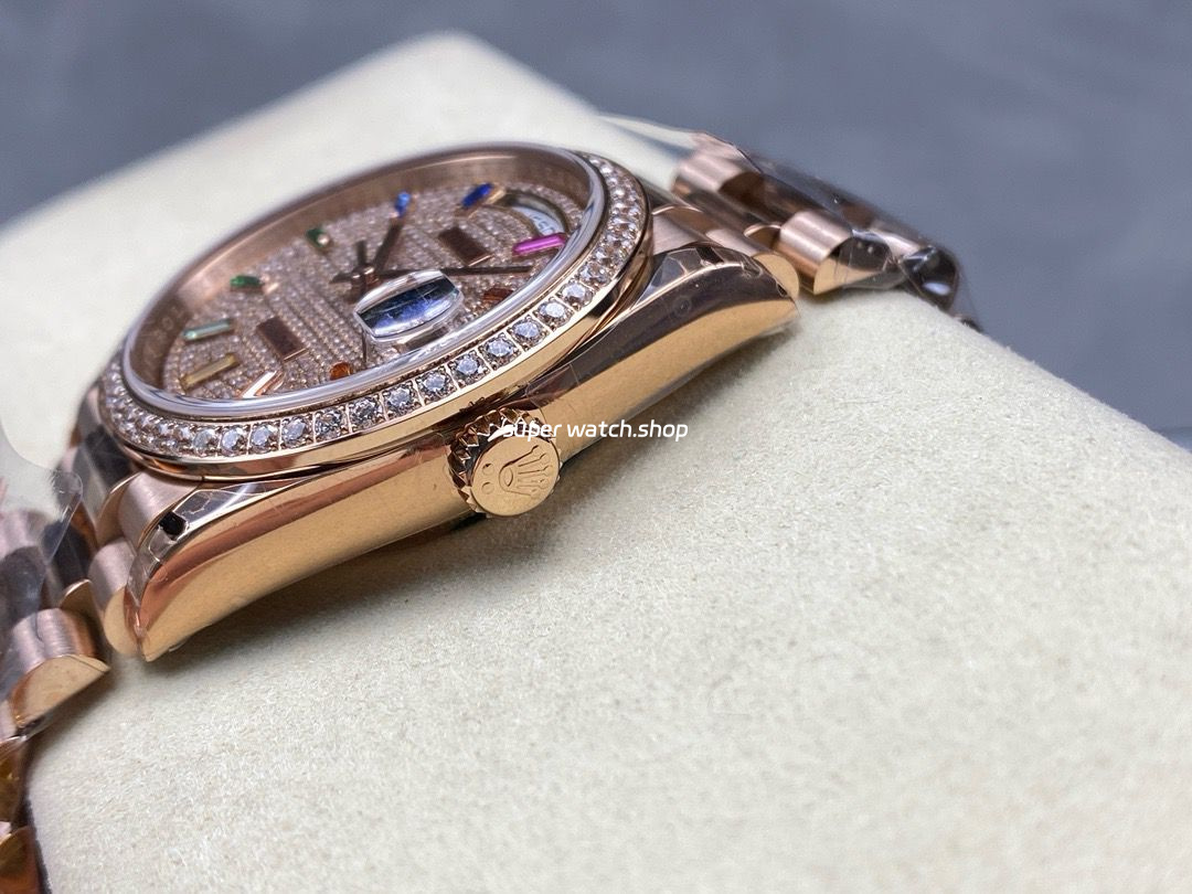 8+ Factory Counterweight Rolex Day-Date 128345RBR-0042 36mm Diamond Rose Gold Bezel Full Rose Gold Baguette Diamond Rose Gold Dial - Image 6