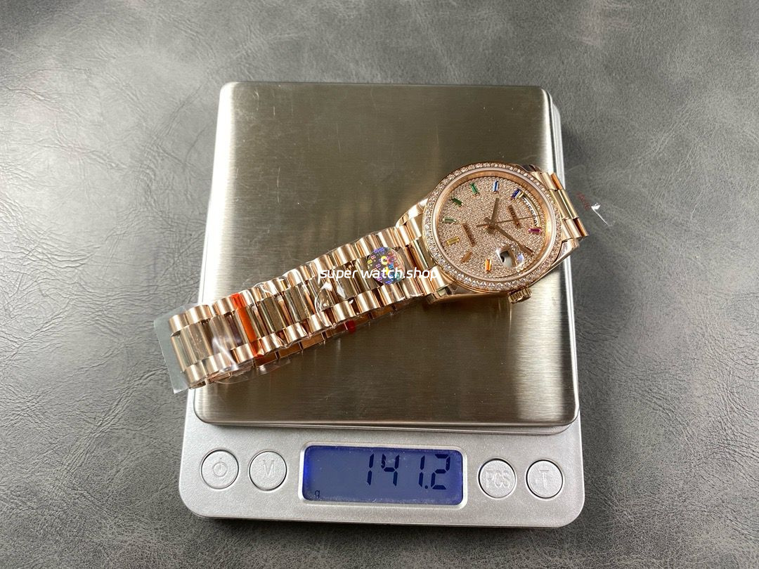8+ Factory Counterweight Rolex Day-Date 128345RBR-0042 36mm Diamond Rose Gold Bezel Full Rose Gold Baguette Diamond Rose Gold Dial - Image 9