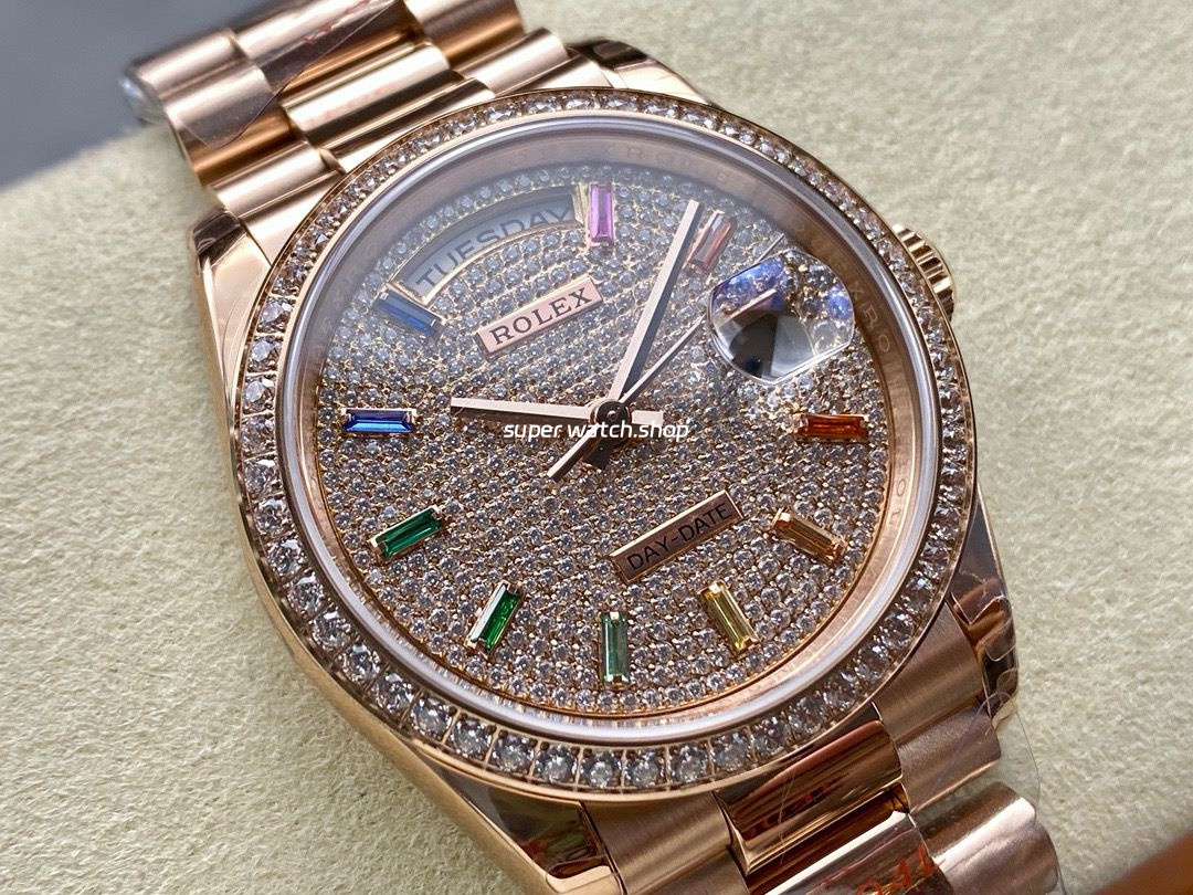 8+ Factory Counterweight Rolex Day-Date 128345RBR-0042 36mm Diamond Rose Gold Bezel Full Rose Gold Baguette Diamond Rose Gold Dial - Image 2