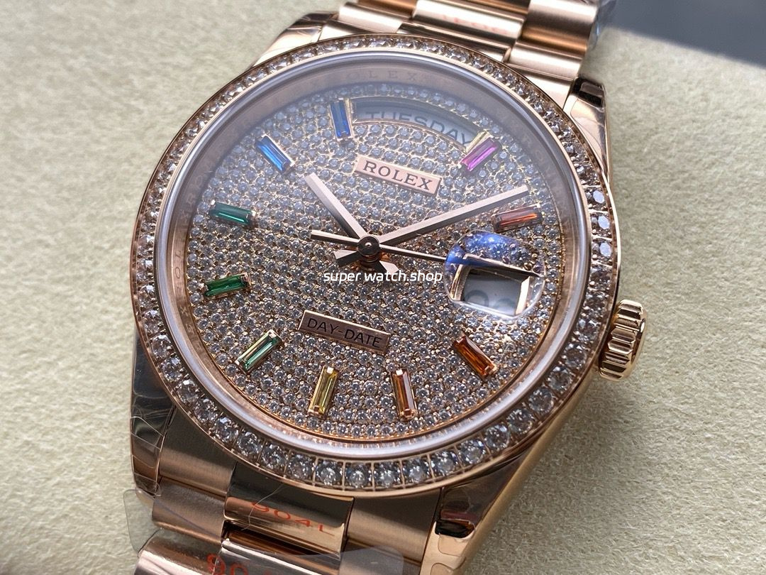 8+ Factory Counterweight Rolex Day-Date 128345RBR-0042 36mm Diamond Rose Gold Bezel Full Rose Gold Baguette Diamond Rose Gold Dial - Image 3