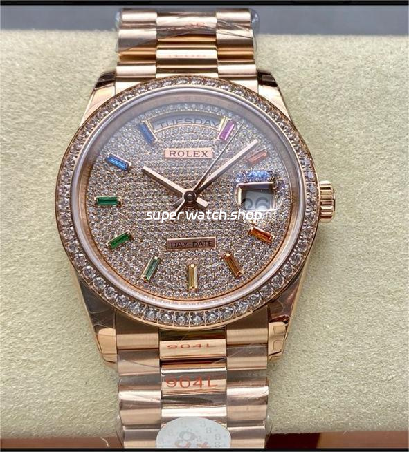 8+ Factory Counterweight Rolex Day-Date 128345RBR-0042 36mm Diamond Rose Gold Bezel Full Rose Gold Baguette Diamond Rose Gold Dial