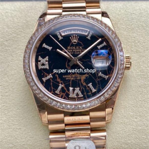 8+ Factory Counterweight Rolex Day-Date 128345RBR-0044 36mm Diamond Bezel Full Rose Gold Roman Numerals&Diamond Black Dial