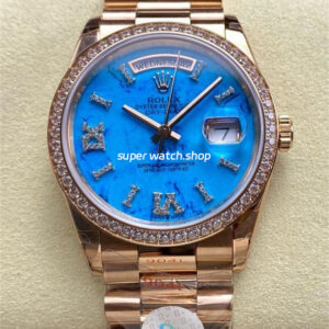 8+ Factory Counterweight Rolex Day-Date 128345RBR-0064 36mm Diamond Bezel Full Rose Gold Roman Numerals&Diamond Blue Dial