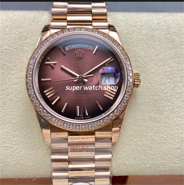 8+ Factory Counterweight Rolex Day-Date 128345RBR-0075 36mm Diamond Bezel Full Rose Gold Roman Numerals Brown Dial