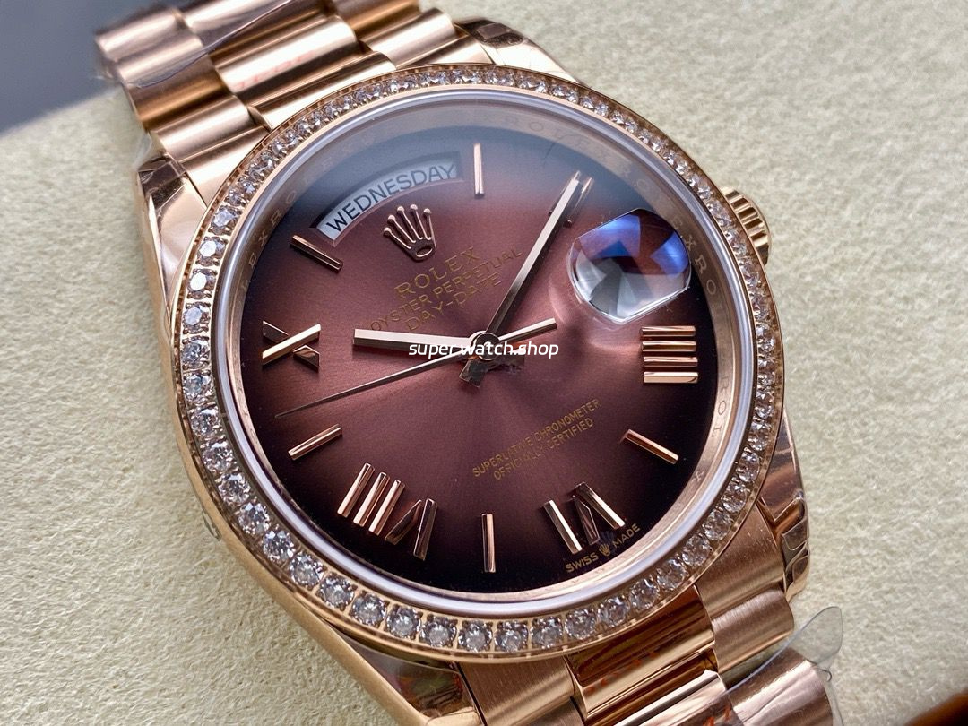 8+ Factory Counterweight Rolex Day-Date 128345RBR-0075 36mm Diamond Bezel Full Rose Gold Roman Numerals Brown Dial - Image 2