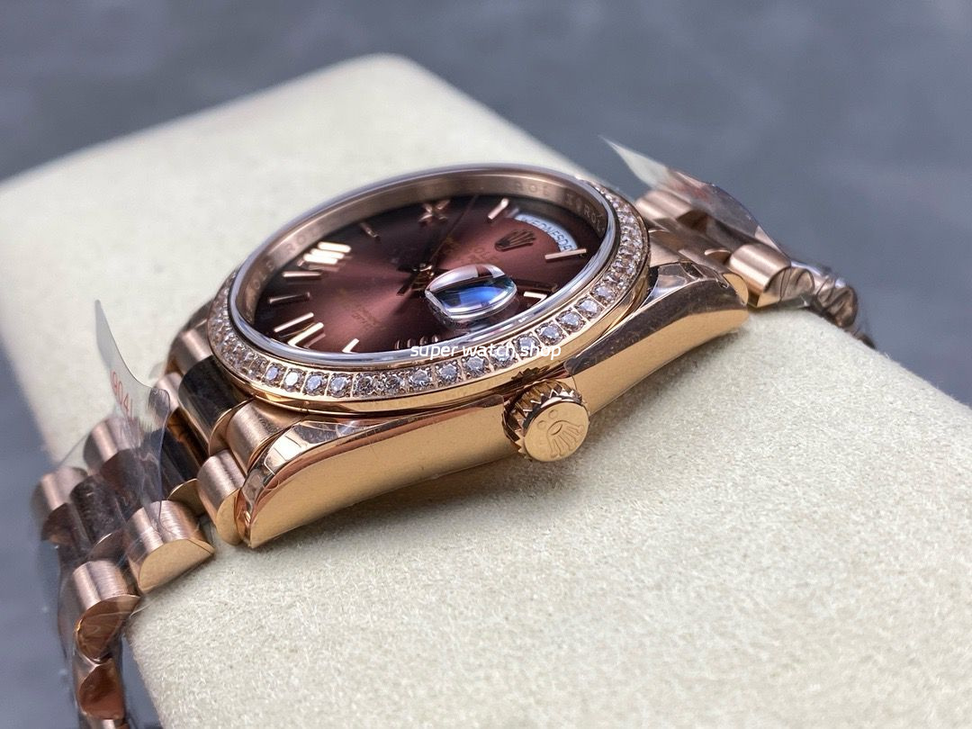 8+ Factory Counterweight Rolex Day-Date 128345RBR-0075 36mm Diamond Bezel Full Rose Gold Roman Numerals Brown Dial - Image 6