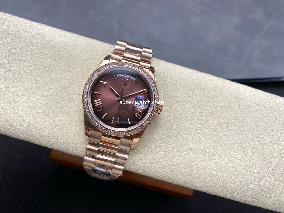 8+ Factory Counterweight Rolex Day-Date 128345RBR-0075 36mm Diamond Bezel Full Rose Gold Roman Numerals Brown Dial - Image 4