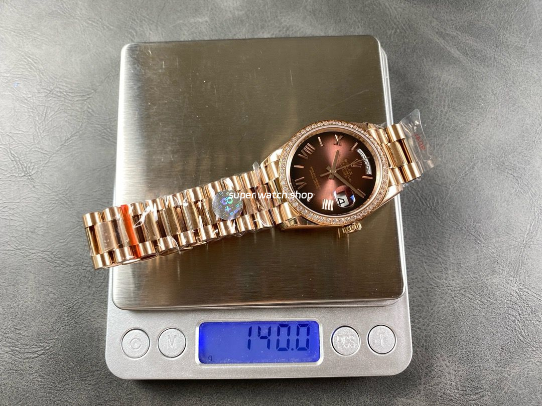 8+ Factory Counterweight Rolex Day-Date 128345RBR-0075 36mm Diamond Bezel Full Rose Gold Roman Numerals Brown Dial - Image 9