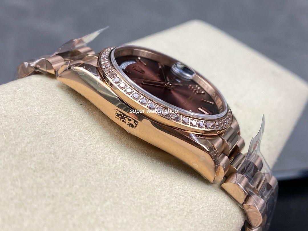 8+ Factory Counterweight Rolex Day-Date 128345RBR-0075 36mm Diamond Bezel Full Rose Gold Roman Numerals Brown Dial - Image 5