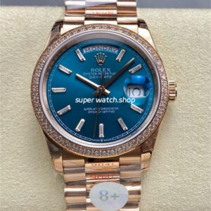 8+ Factory Counterweight Rolex Day-Date 128345RBR-0083 36mm Diamond Bezel Full Rose Gold Baguette Diamond Blue Green Dial