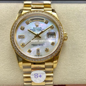 8+ Factory Counterweight Rolex Day-Date 128348RBR-0017 36mm Diamond Bezel Full Yellow Gold Diamond Mope&Baguette Diamond Mother Of Pearl Dial