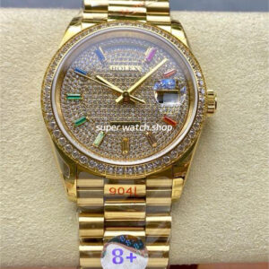 8+ Factory Counterweight Rolex Day-Date 128348RBR-0030 36mm Diamond Yellow Gold Bezel Full Yellow Gold Baguette Diamond Yellow Gold Dial