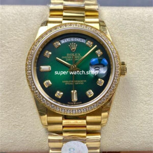 8+ Factory Counterweight Rolex Day-Date 128348RBR-0035 36mm Diamond Bezel Full Yellow Gold Diamond Mope&Baguette Diamond Green Dial