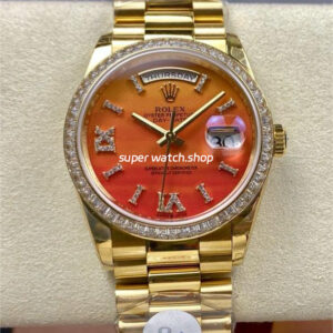 8+ Factory Counterweight Rolex Day-Date 128348RBR-0049 36mm Diamond Bezel Full Yellow Gold Roman Numerals Diamond Red Ombré Dial