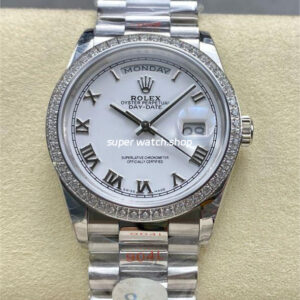 8+ Factory Counterweight Rolex Day-Date 128349RBR-0025 36mm Diamond Bezel Full White Gold Roman Numerals White Dial