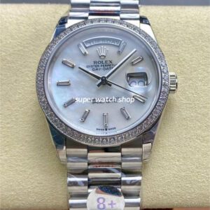 8+ Factory Counterweight Rolex Day-Date 128349RBR-0049 36mm Diamond Bezel Full 904L Baguette Diamond Mother Of Pearl Dial