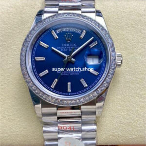8+ Factory Counterweight Rolex Day-Date 128349RBR-0051 36mm Diamond Bezel Full 904L Baguette Diamond Blue Dial