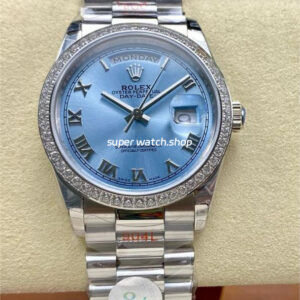 8+ Factory Counterweight Rolex Day-Date 128396TBR 36mm Diamond Bezel Full Platinum Roman Numerals Ice Blue Dial