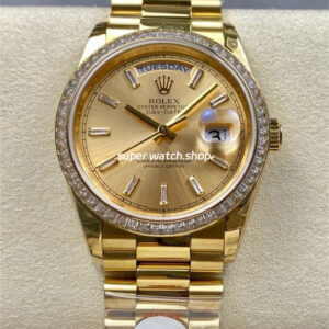 8+ Factory Counterweight Rolex Day-Date 128398TBR-0037 36mm Diamond Bezel Full Yellow Gold Baguette Diamond Champagne Dial