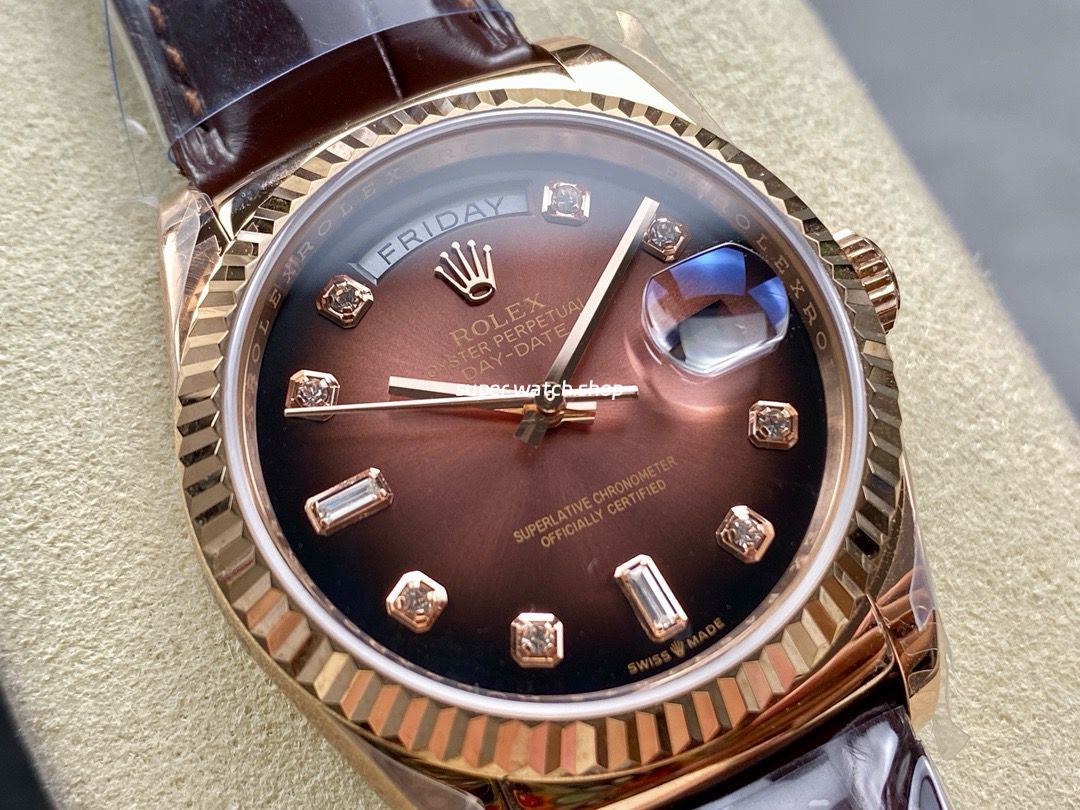 8+ Factory Counterweight Rolex Day-Date 36mm 128235-0037 Rose Gold Crocodile Leather Strap Diamond Mope&Baguette Diamond Brown Ombré Dial - Image 2